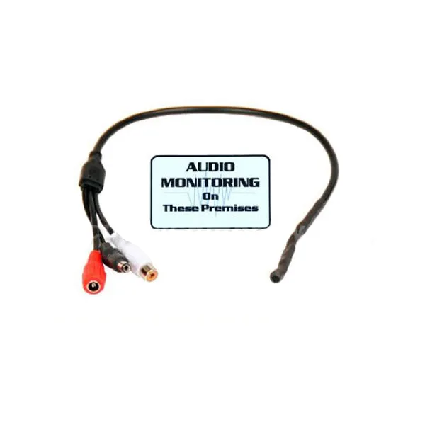 Small cylindrical microphone with attached cable and warning decal