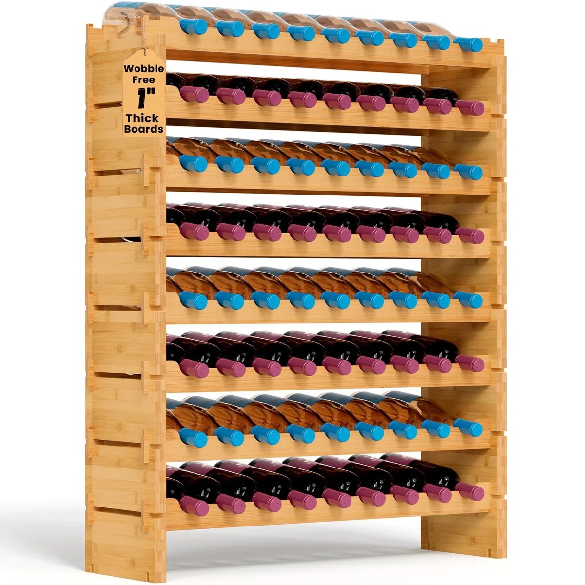 Tall bamboo wine rack with eight open tiers holding 72 bottles
