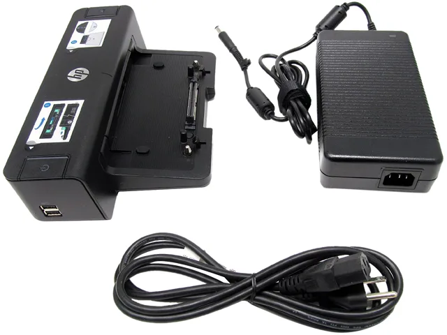 Black rectangular HP docking station with multiple ports on the back and front