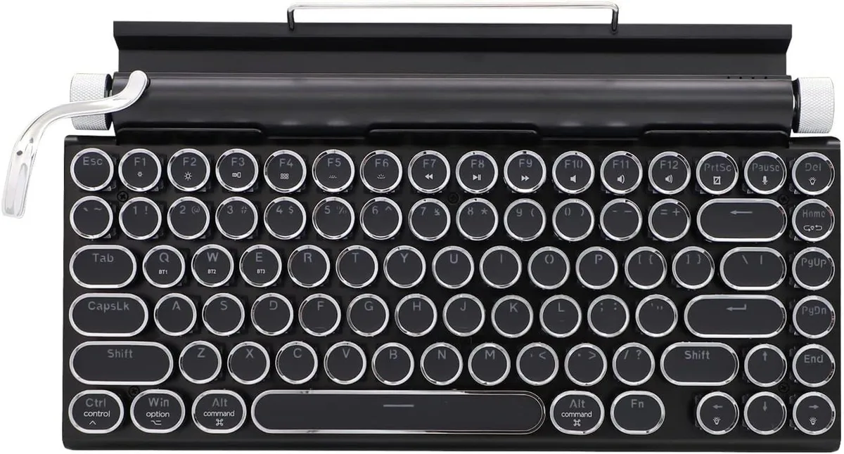 ARENTI ARENTI Retro Typewriter Mechanical Keyboard 83 Keys Bluetooth 5.0 Blue Switch Black 2 in 1 Accessory — product photo