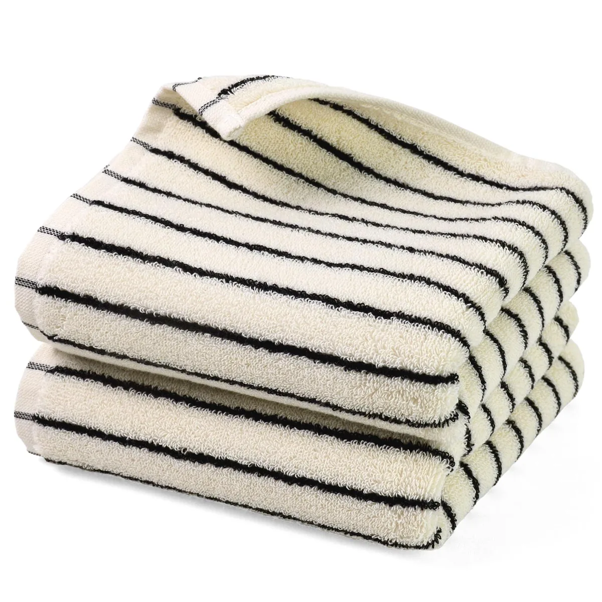 Two white cotton hand towels with black stripes, 14 by 29 inches
