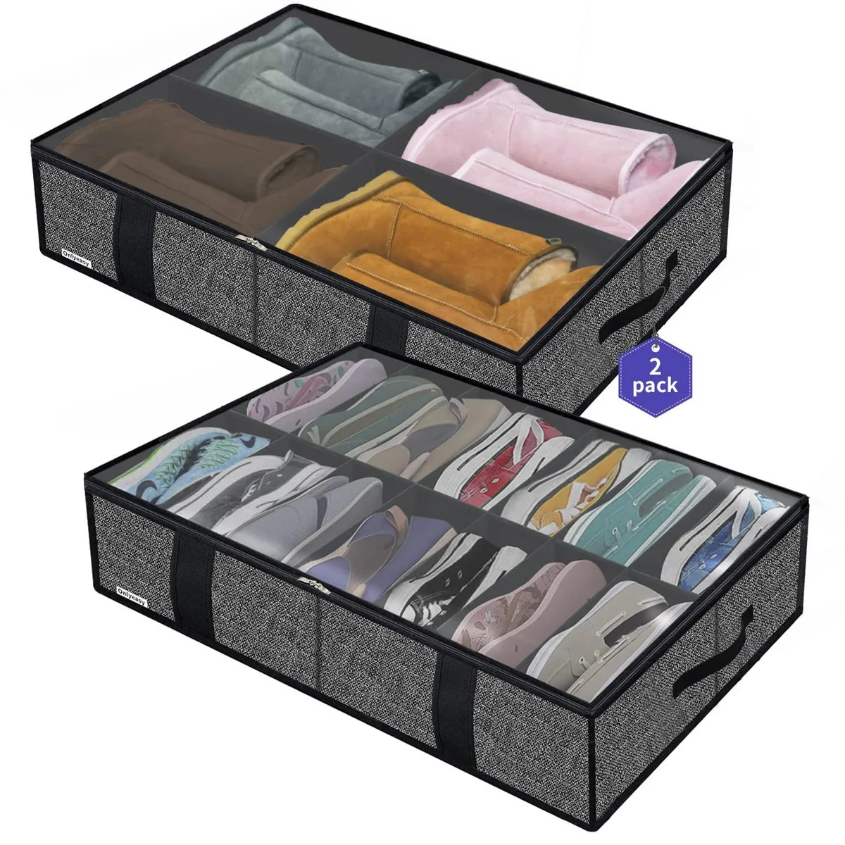 Two black linen-like fabric shoe boxes with clear windows and side handles