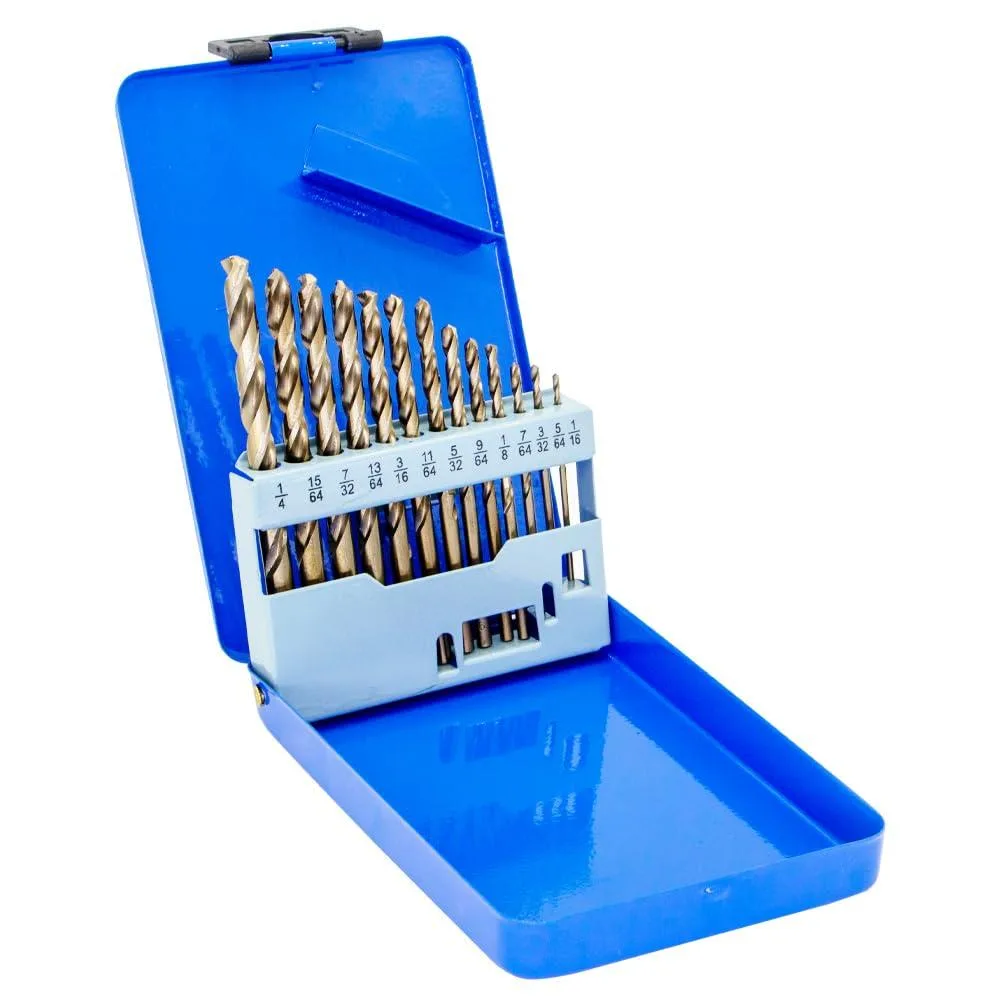 Thirteen cobalt drill bits in a blue storage case