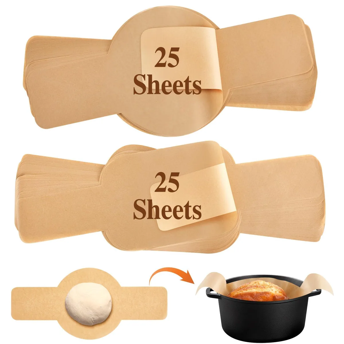 Fifty unbleached parchment sheets, round and oval, with extended handles for Dutch oven use