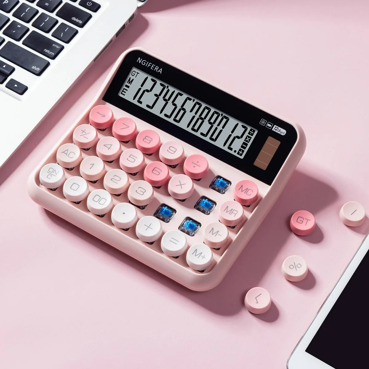  HP 12 Digit Desk Calculator Blush Pink Mechanical 688H 6.2 x 5.6 x .1 in — product photo