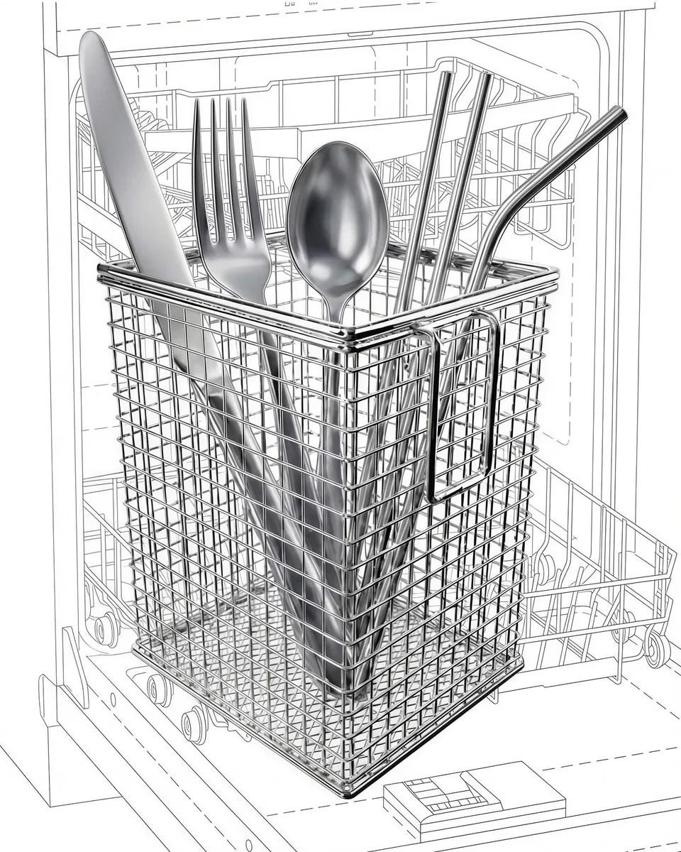  Dishwasher Chopstick Basket with Hook 304 Stainless Steel 3.94 x 3.74 x 5.12 in — product photo