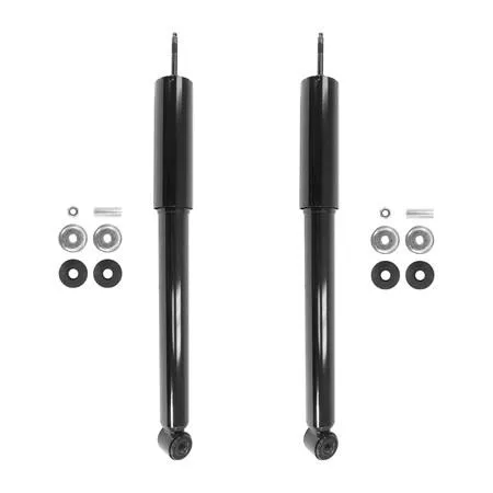 Unity rear shock absorber kit, two silver cylindrical units in box