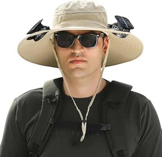 Solar Powered Fan Hat Khaki 2 Removable Fans — product photo