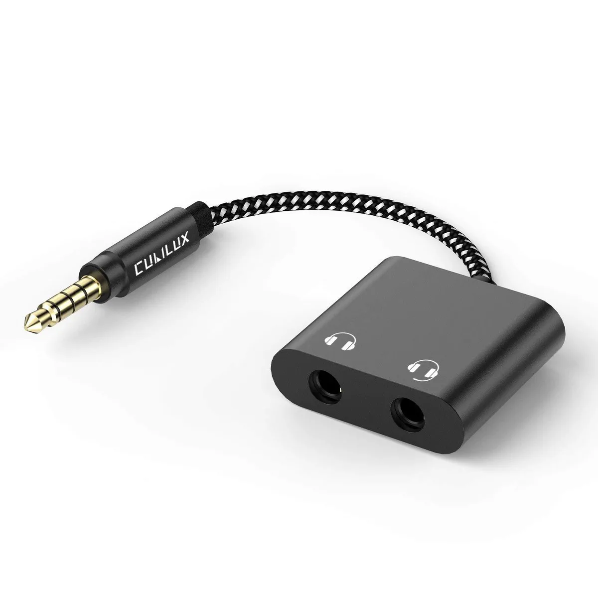 Compact black 3.5 mm splitter with two gold-plated ports and braided cable