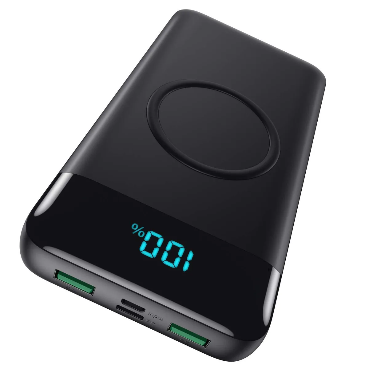 Black rectangular power bank with rounded edges, LCD display, wireless charging pad and multiple ports