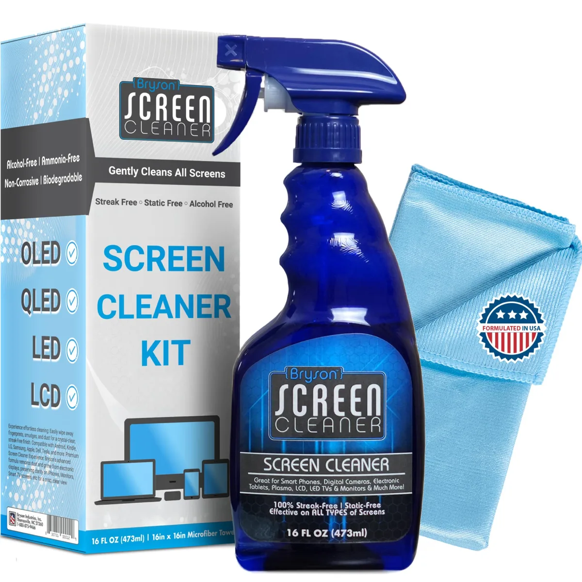 A 16oz spray bottle with trigger nozzle and a microfiber cloth