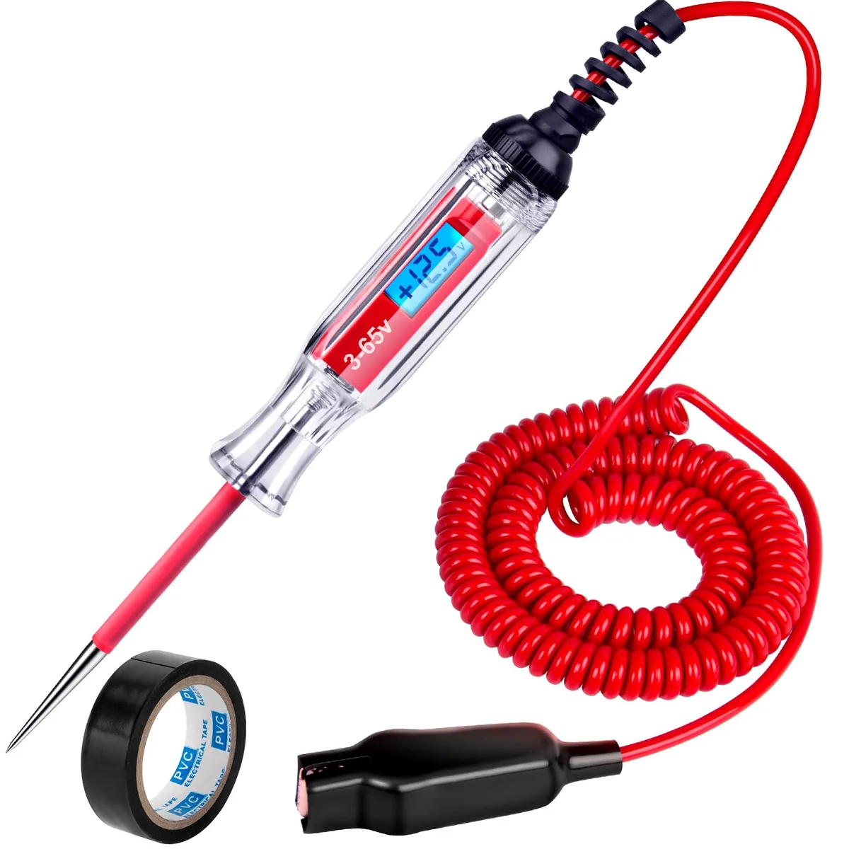 Hand-held circuit tester with LCD screen, spring wire and alligator clamp