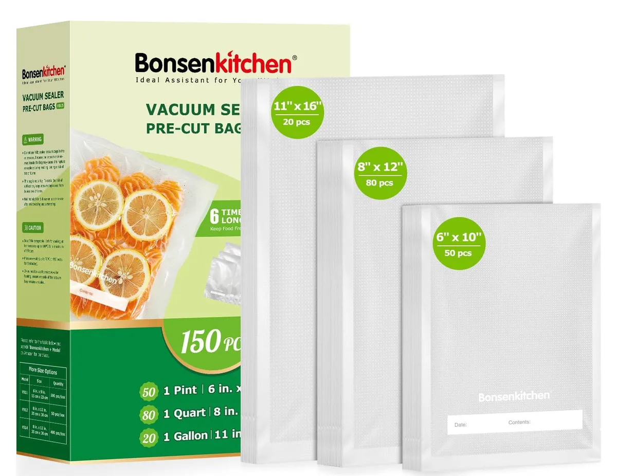  Bonsenkitchen Vacuum Sealer Bags 150pcs 6x10 8x12 11x16 — product photo