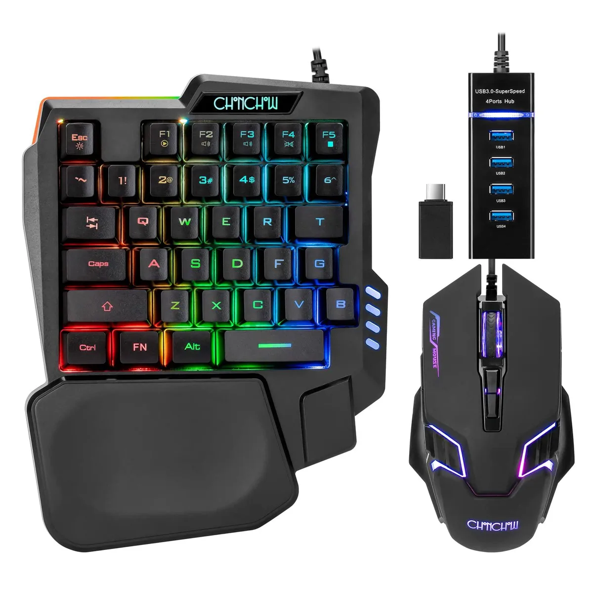 Redragon One-Handed Gaming Keyboard and Mouse Combo with 4-Port USB Splitter and Type-C Adapter 7200 DPI — product photo