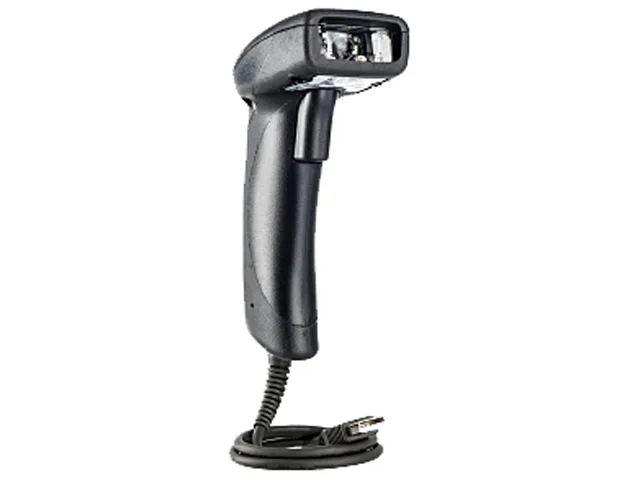 Black handheld barcode scanner with trigger, curved grip, USB cable and stand