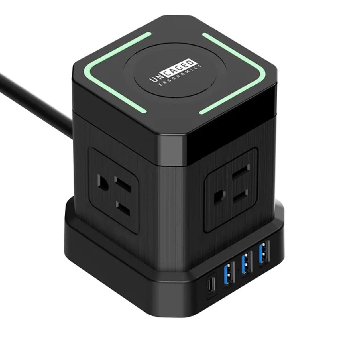 White cube surge protector with wireless charging pad, four AC outlets, USB ports, and ten-foot cord