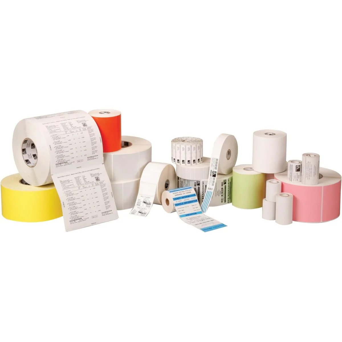 A roll of white rectangular thermal-transfer labels with matte polypropylene finish