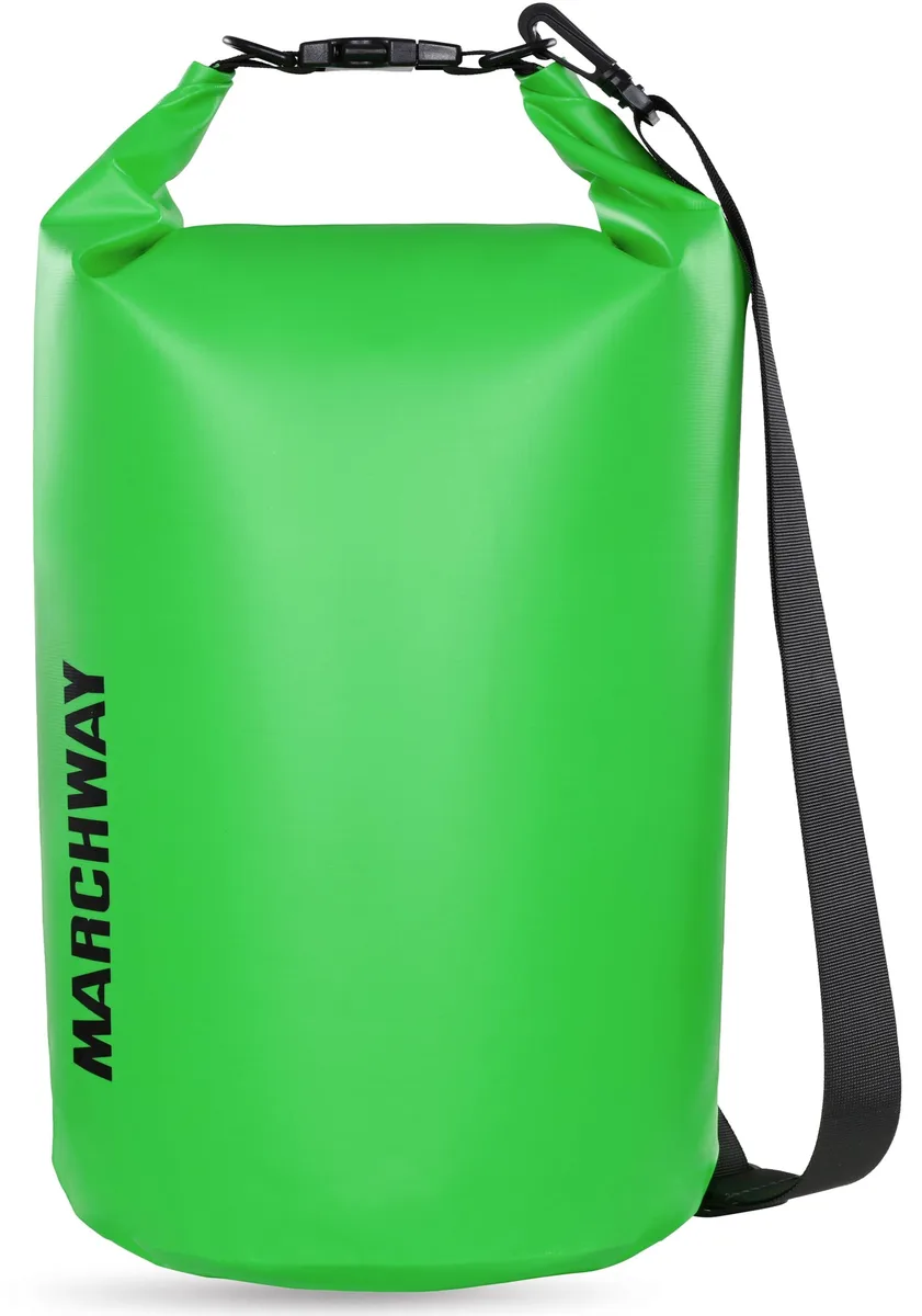 Green cylindrical dry bag with roll-top closure and single shoulder strap