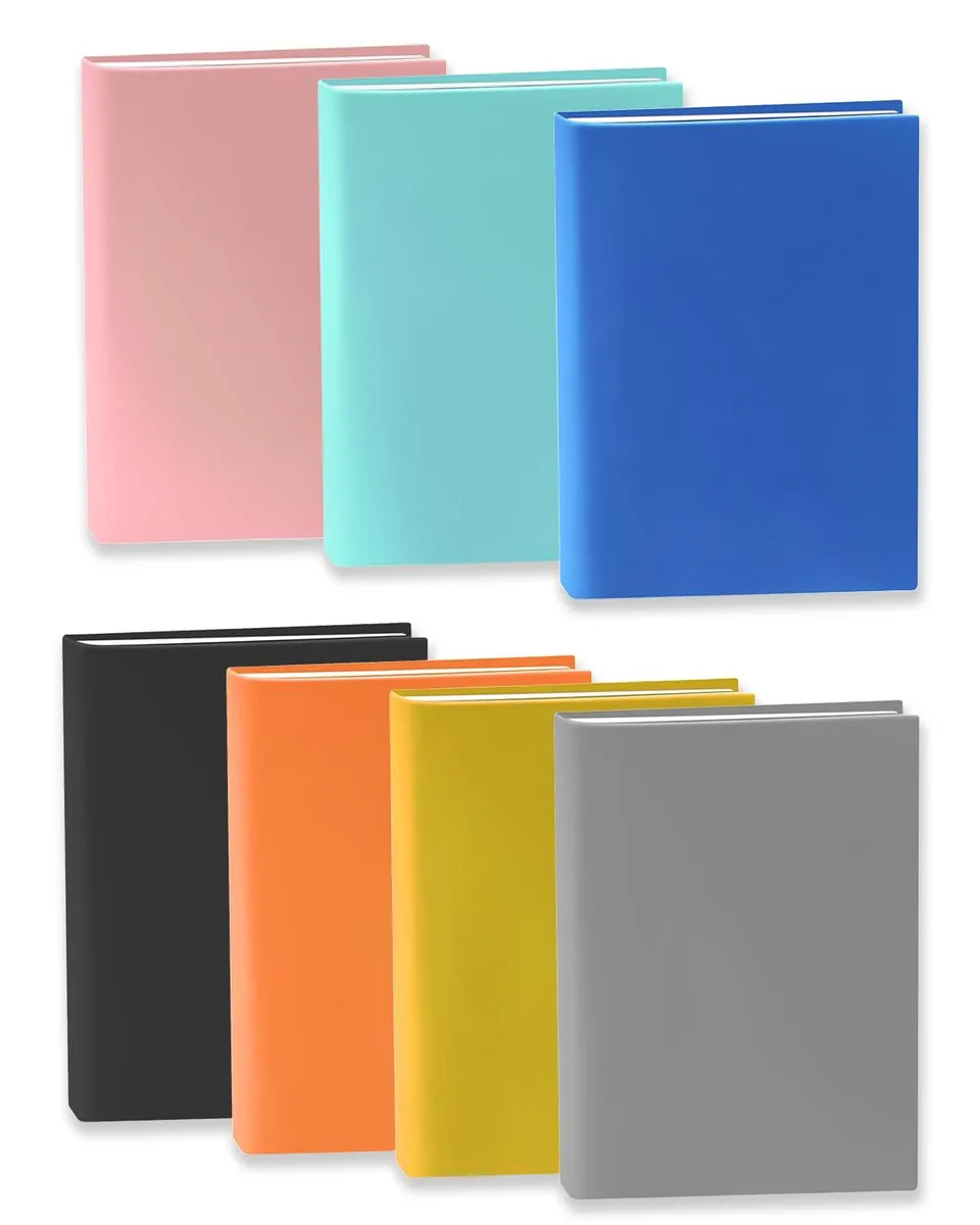 Seven stretchable fabric book covers in assorted colours, each with a ribbon bookmark and label sticker