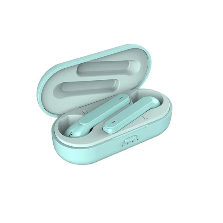 A pair of green true wireless earbuds in a charging case