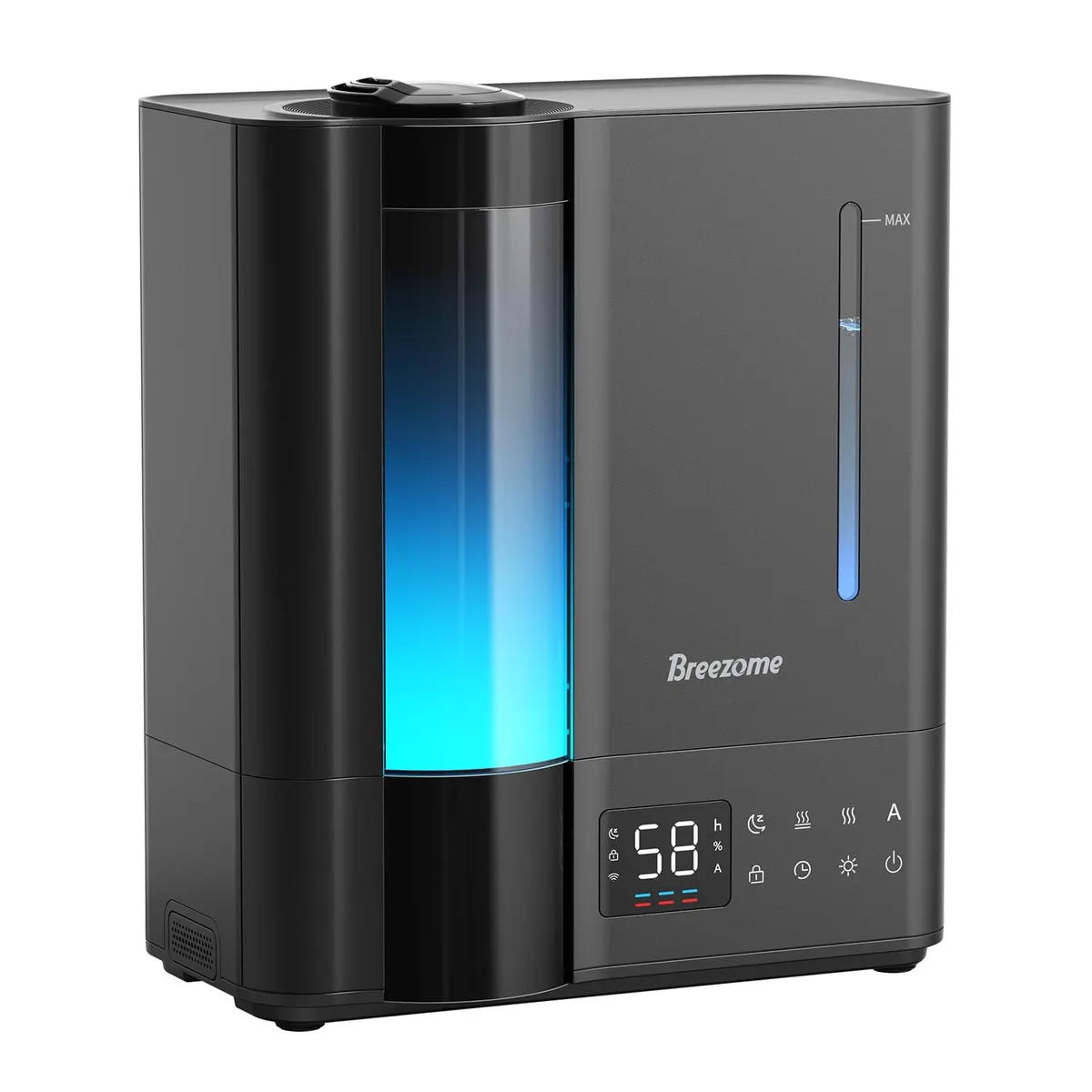 White tower humidifier with top-fill tank and control panel