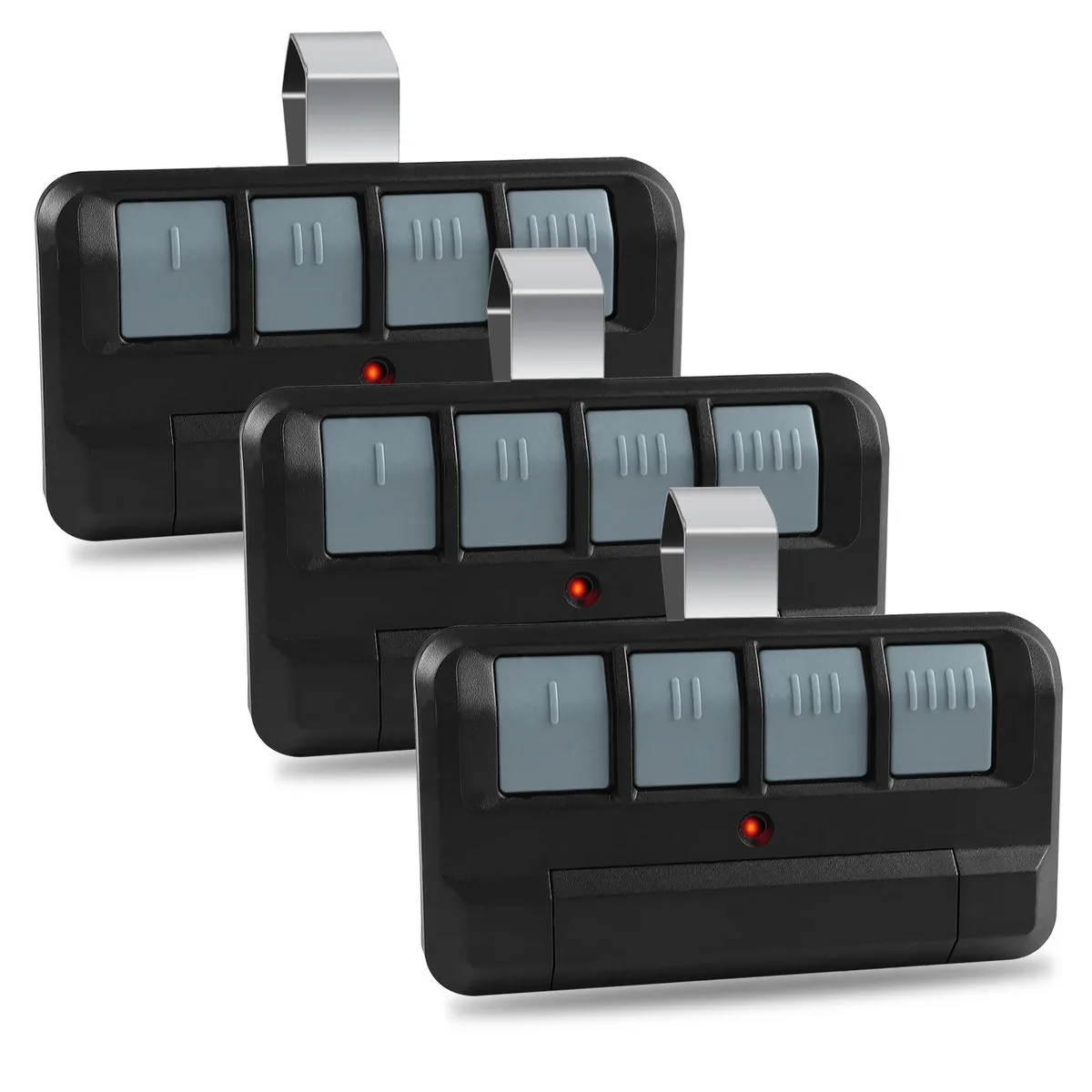 Three small rectangular garage door opener remotes with four buttons each, dark plastic finish, visor clips attached