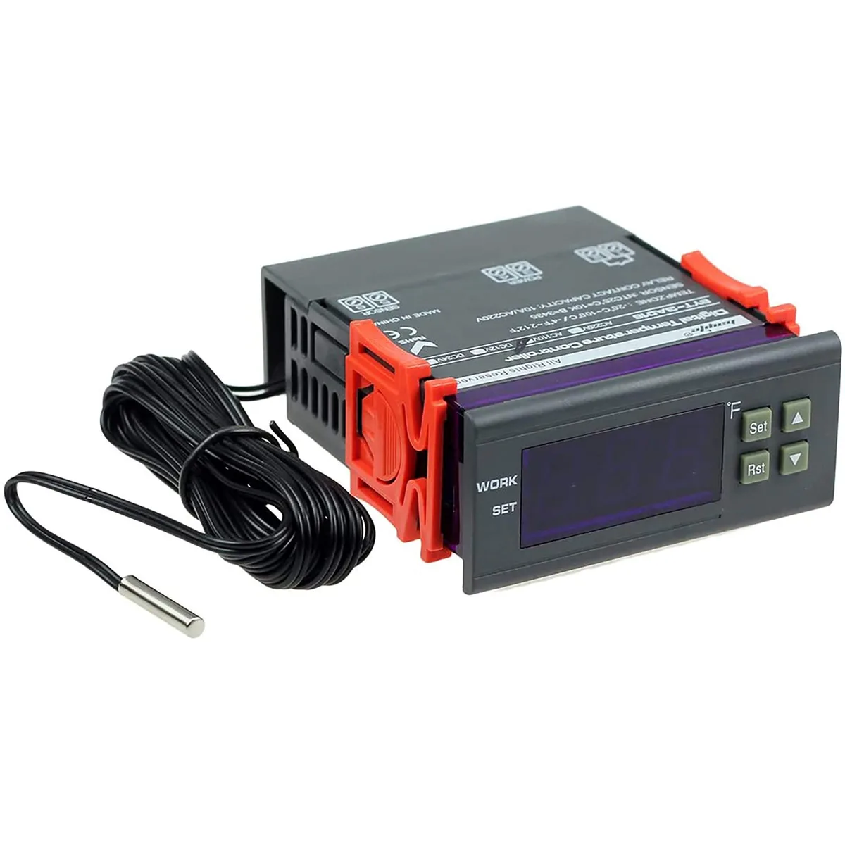 Twelve black rectangular HVAC controllers with digital displays and probe sensors