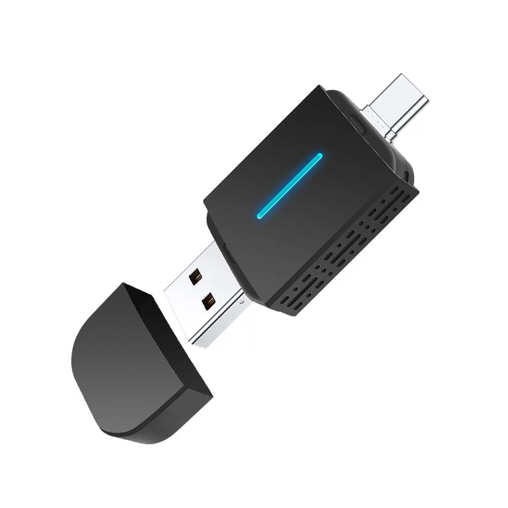 Small rectangular dongle with USB-A and Type-C connectors, matte black finish