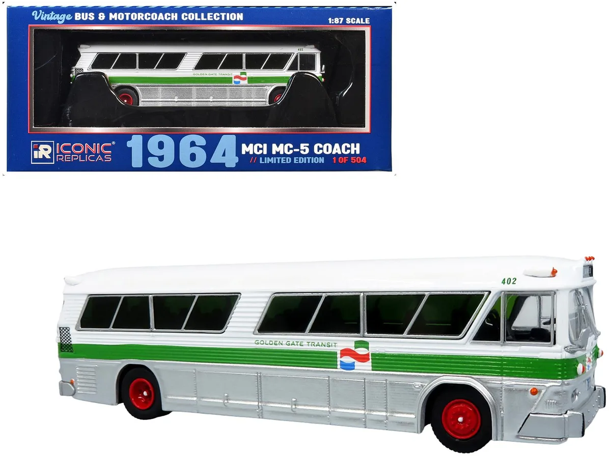 Iconic Replicas Iconic Replicas 1964 MCI MC-5A Coach Bus White Green 1/87 HO Limited Edition 504 pcs — product photo
