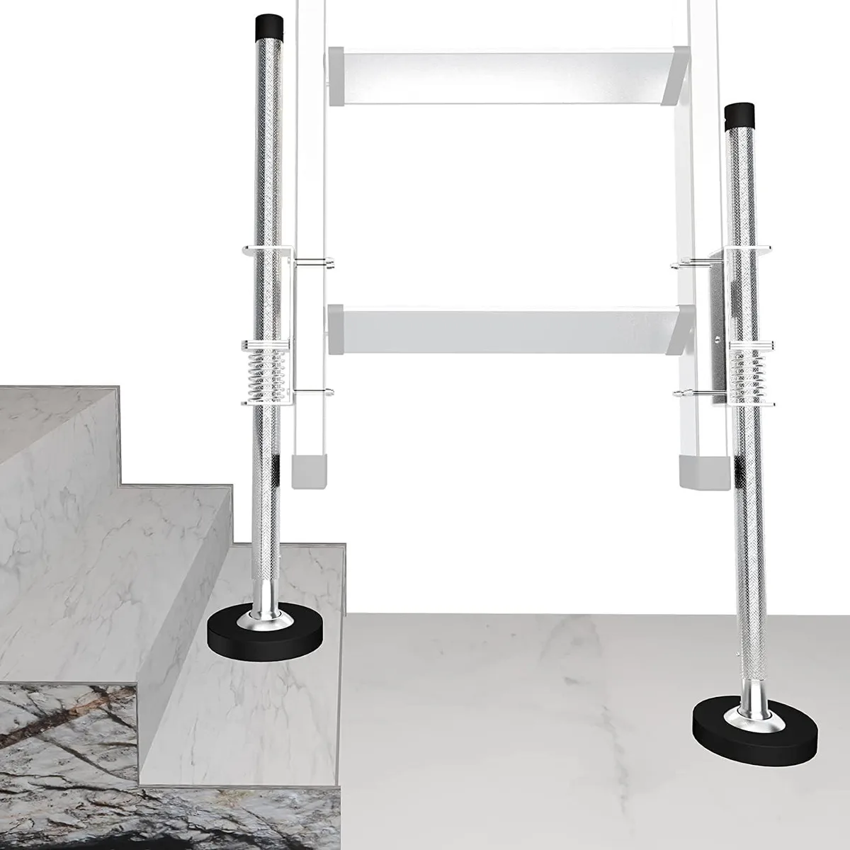 Pair of silver alloy steel ladder levelers with black rubber feet, 20 inches long, adjustable up to 10.5 inches