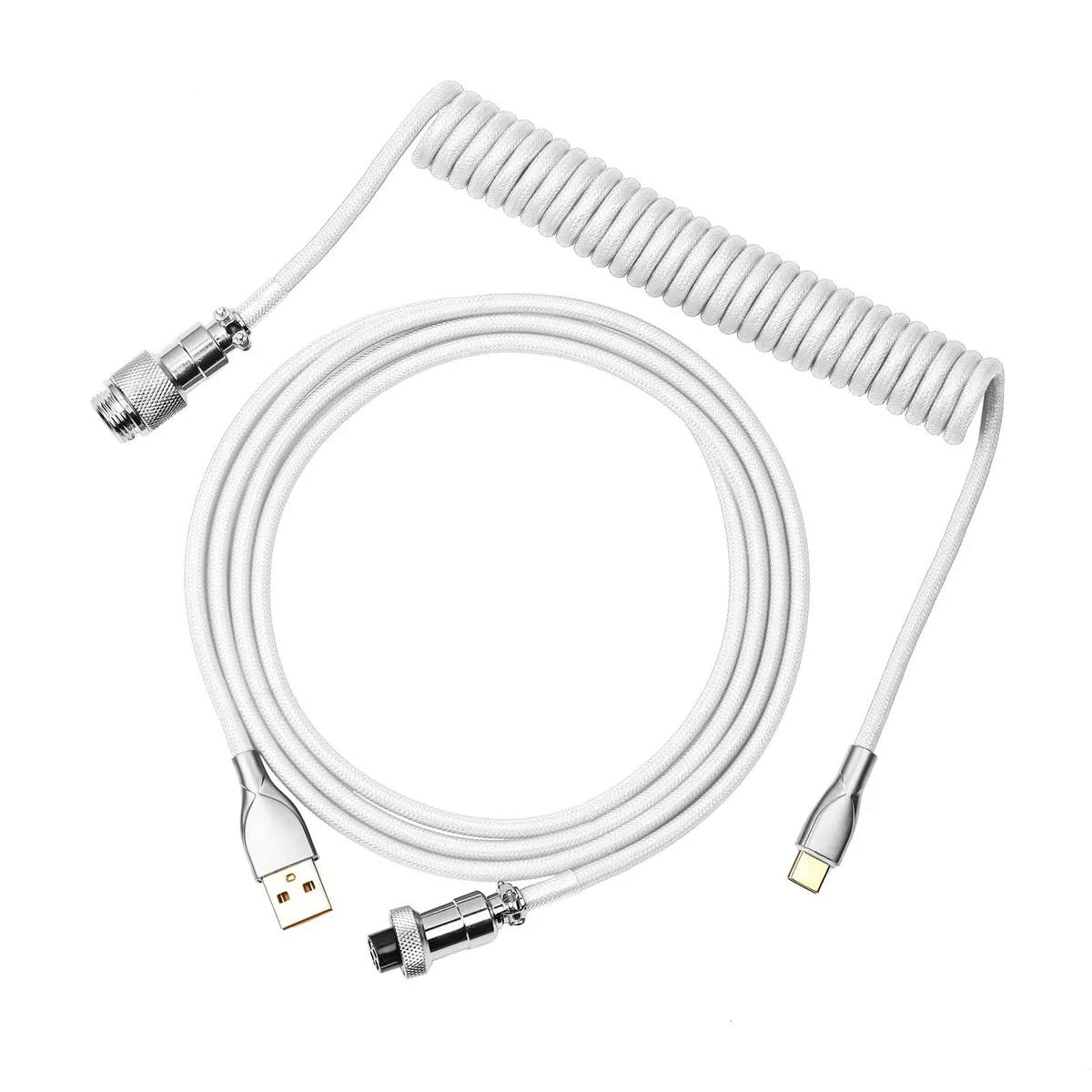 White coiled USB-C cable with metal aviator connector, 1.8 m length