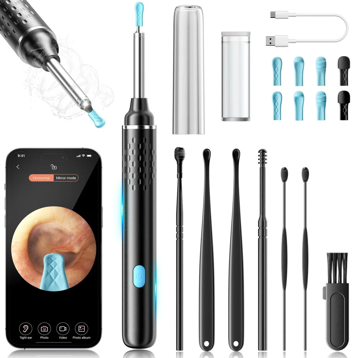 Black ear-care camera with six LEDs and IP67 waterproof rating