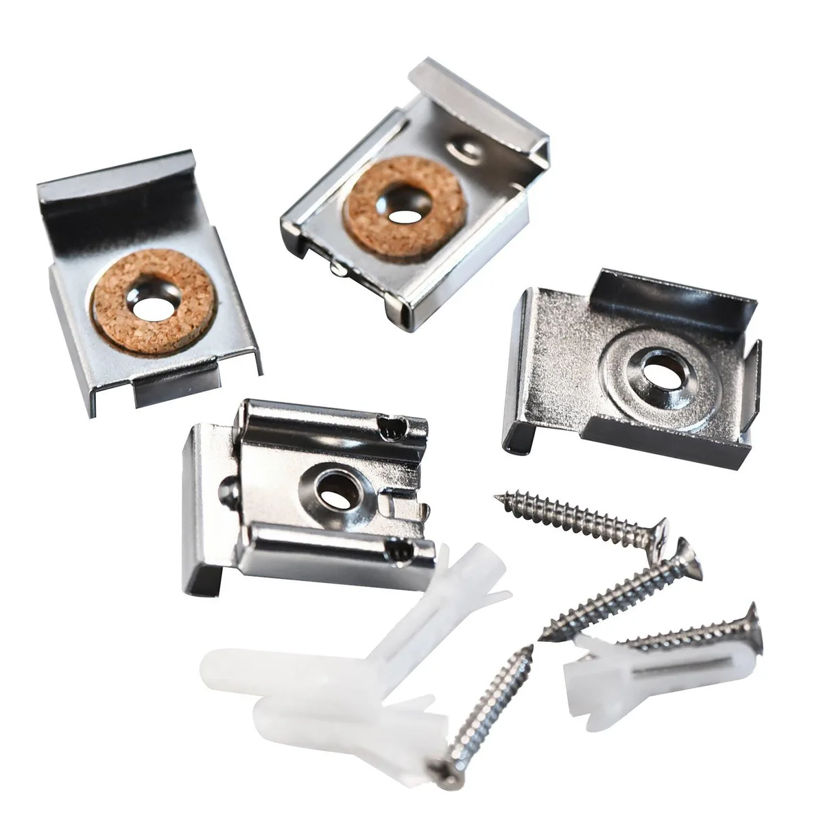 Eight metal mirror clips with springs, ridged brackets, screws and plugs on a light surface