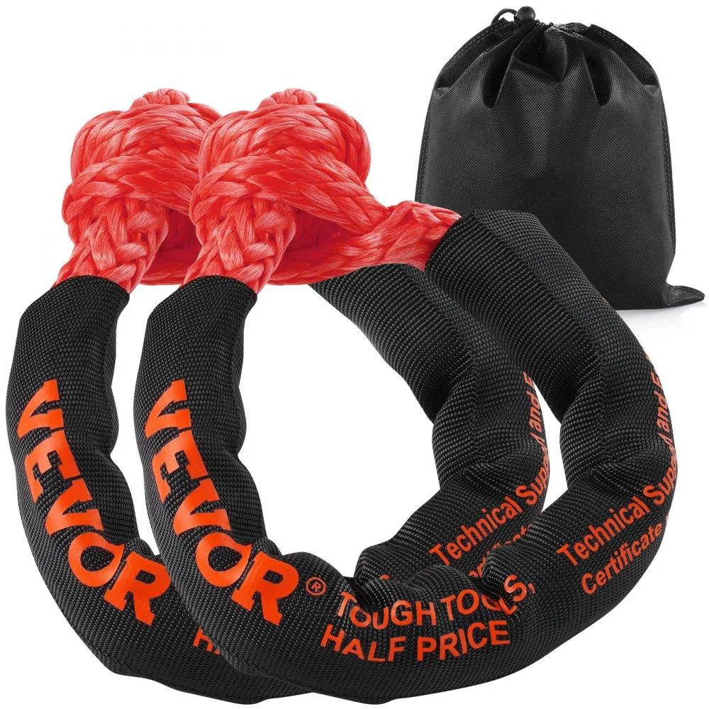 Two red synthetic recovery shackles with protective sleeves and storage bag