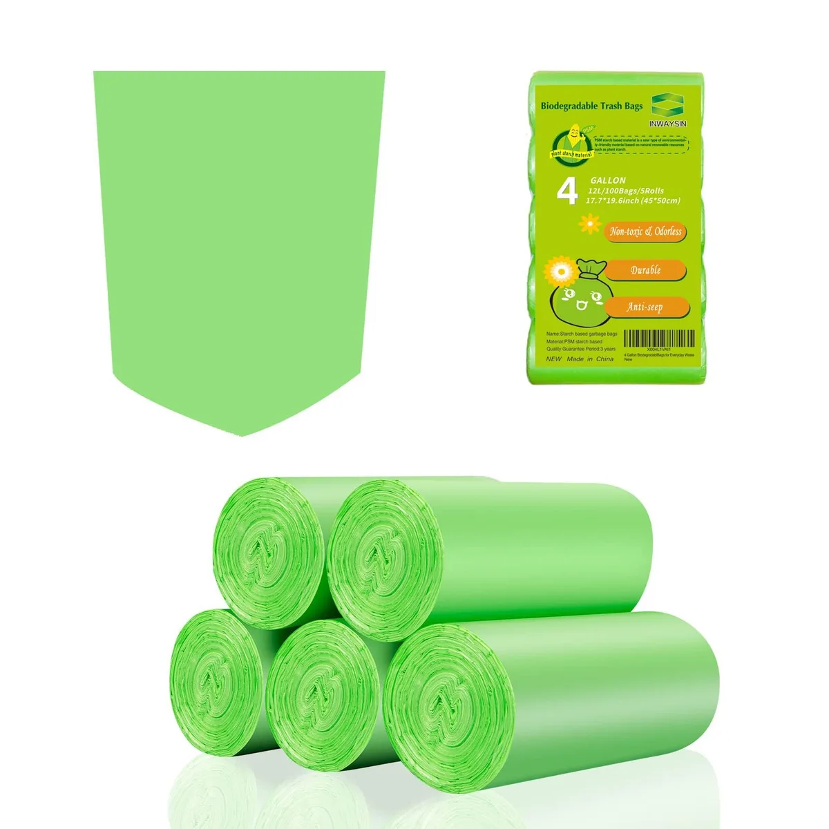 Green biodegradable 4-gallon trash bags, 100-count roll, cornstarch material