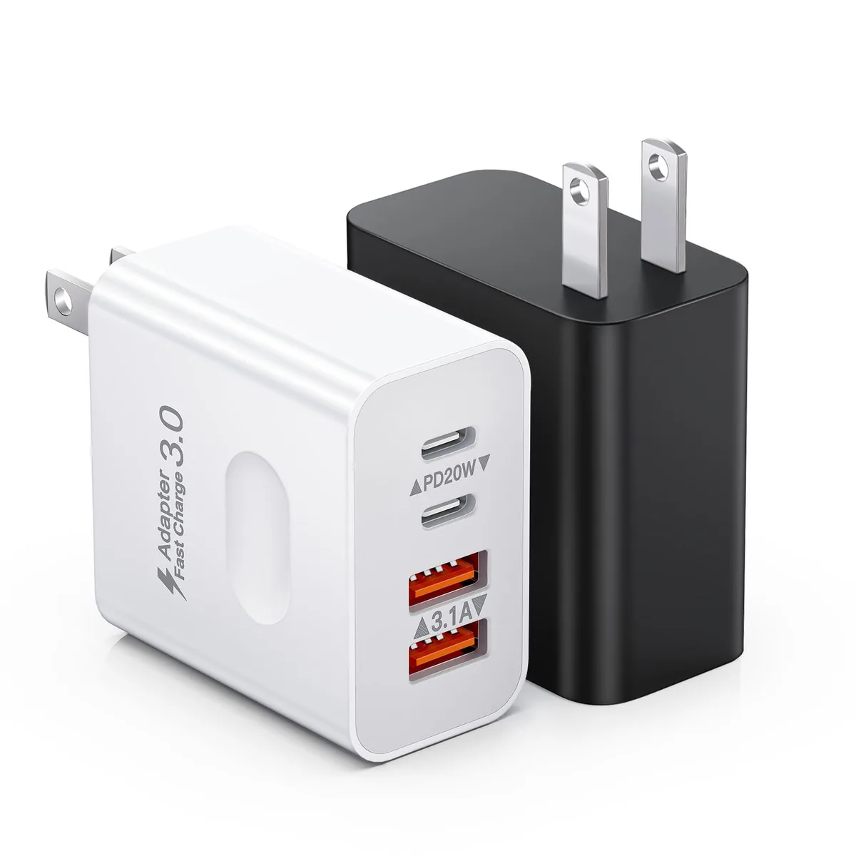 Two compact white and black USB wall chargers, each with two USB-C and two USB-A ports