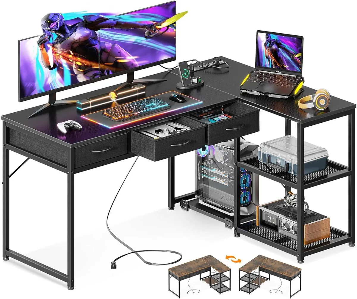 BFKK BFKK 53" L-Shaped Desk with Drawers, USB Ports, Black — product photo