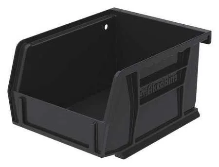 Black plastic storage bin with label slots and divider groove, stackable and hangable design