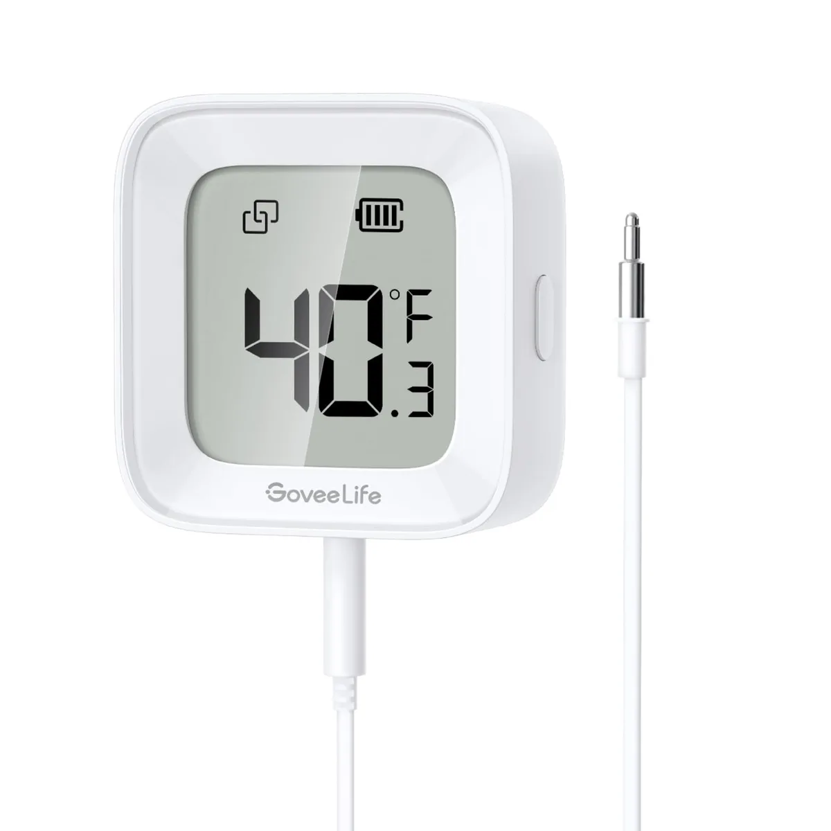 White rectangular sensor with LCD screen, magnetic back, probe cable and mounting holder
