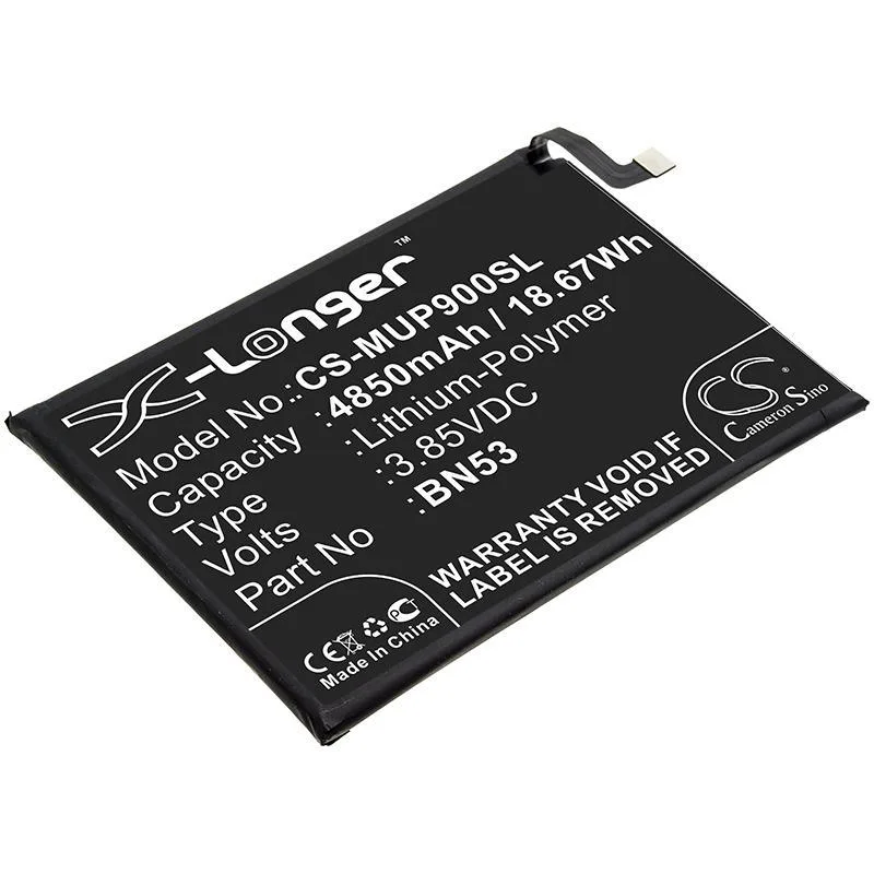 Rectangular smartphone replacement battery with gold contacts and printed labels