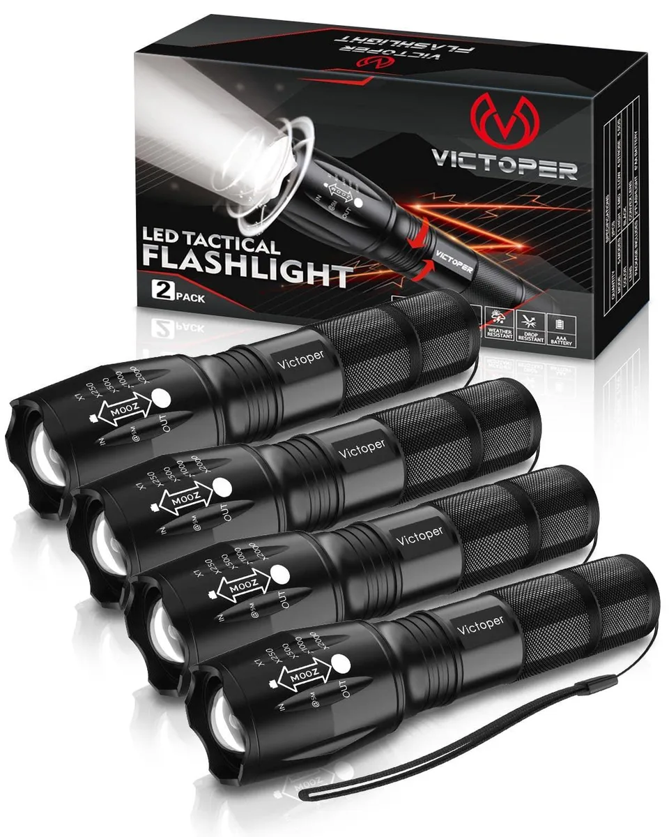 Four rectangular aluminium tactical flashlights, matte finish, zoomable heads, 1000 lumens each, 12 inches long, 1.2 inches wide