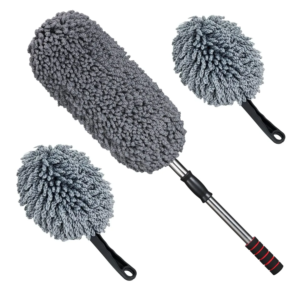 Three blue microfiber dusters with extendable handles, 30cm heads