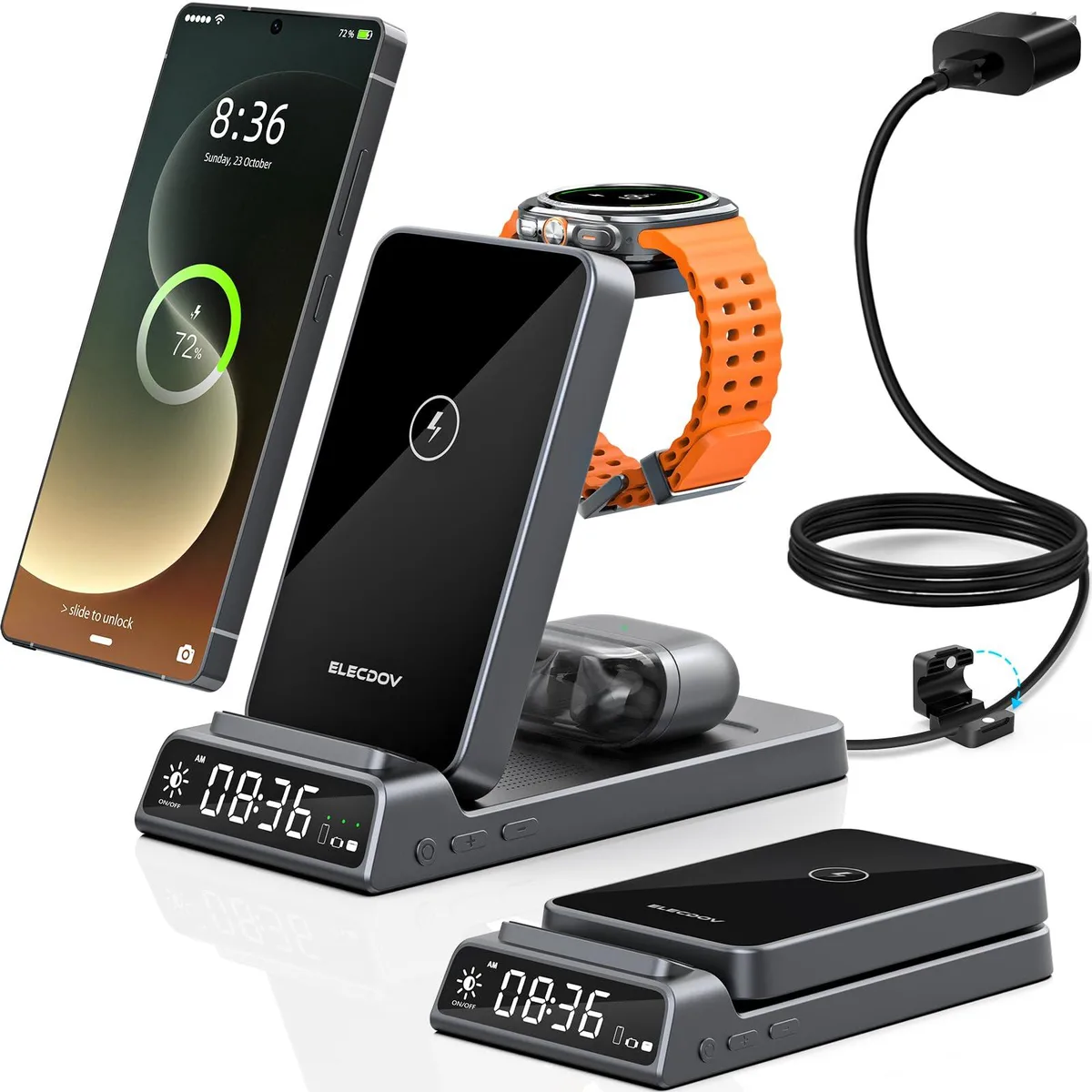  Elecdov XD-CE20 3 in 1 Wireless Charger with Clock Grey — product photo