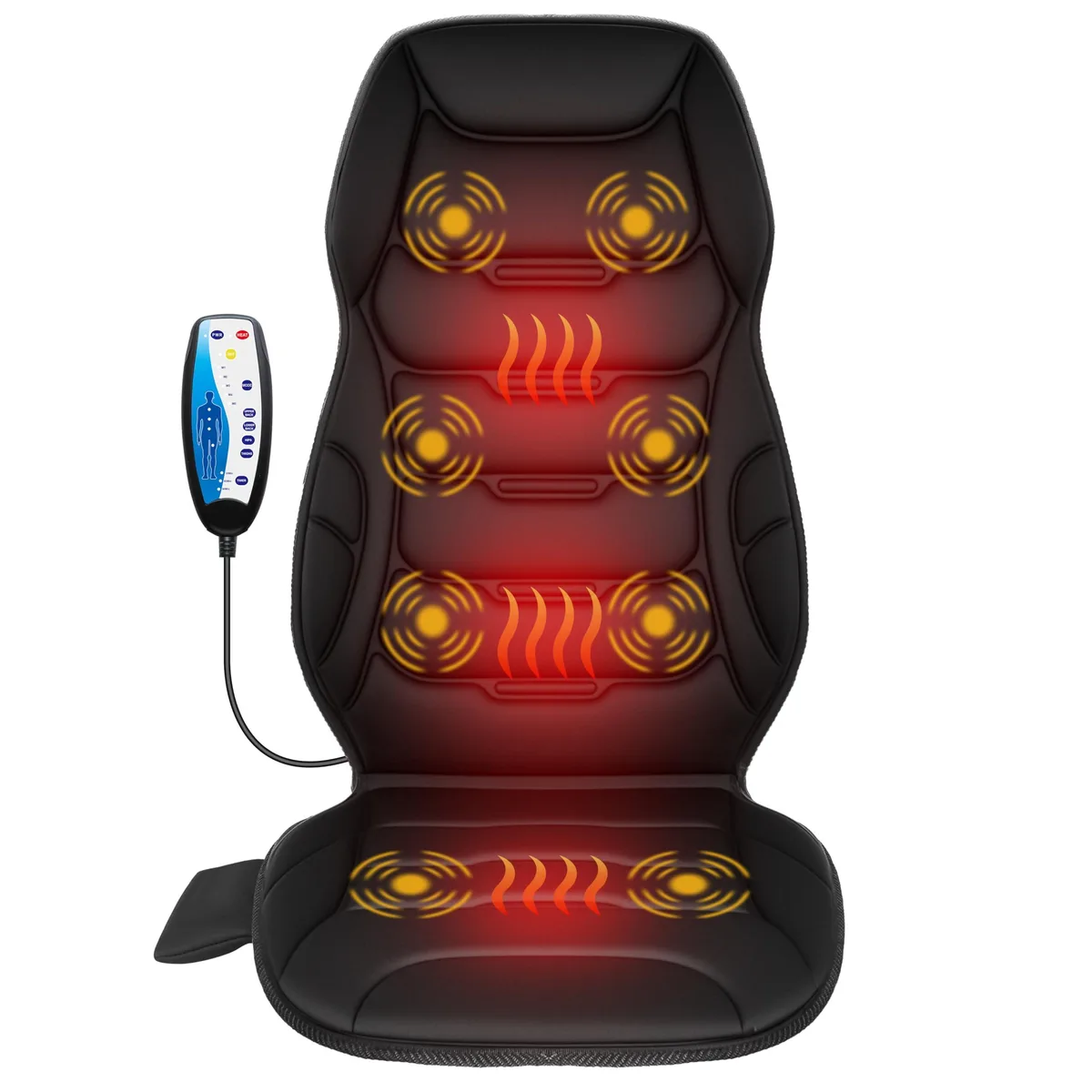 Black massage mat with eight nodes, corded controller, polyester finish