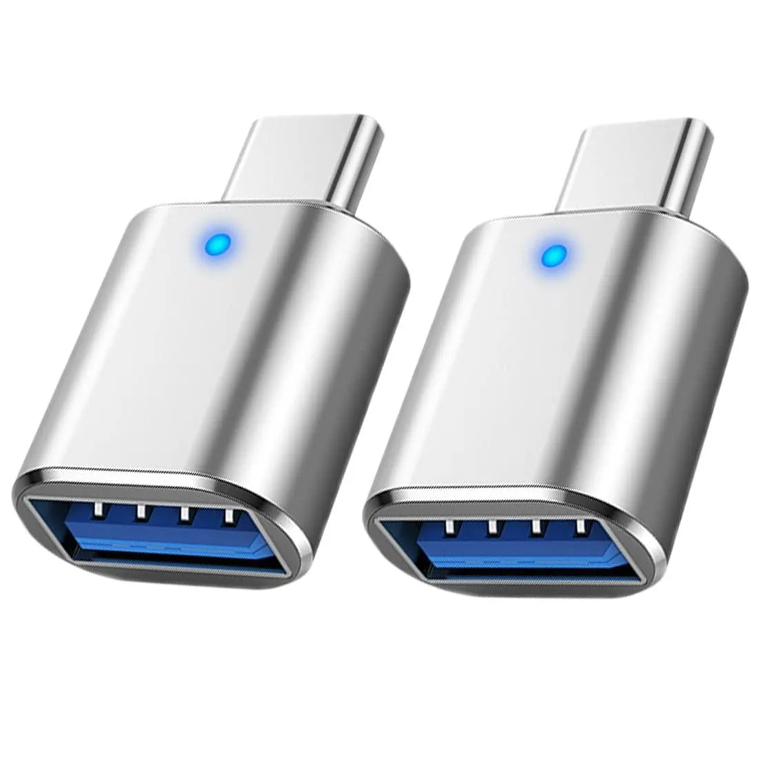 Two silver USB-C to USB-A adapters with LED indicator, compact rectangular form