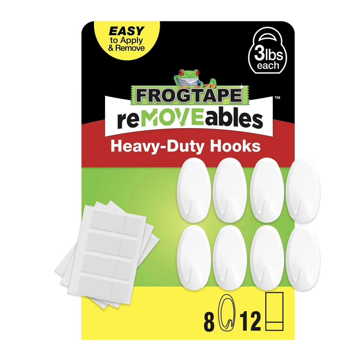 Eight white plastic wall hooks with adhesive strips on a sheet