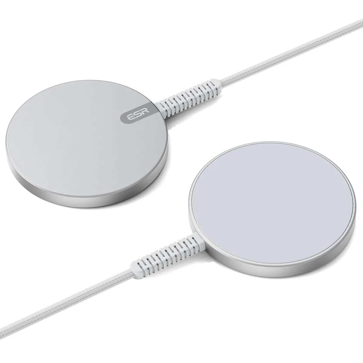 Two white MagSafe charging pads with braided USB-C cables lying flat
