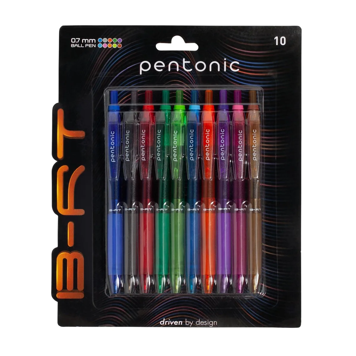 Ten retractable ballpoint pens in assorted colours with matte grips