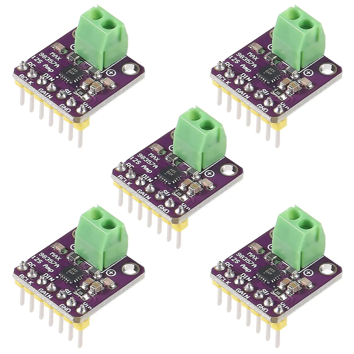 Five small green circuit boards with gold pins and black chips