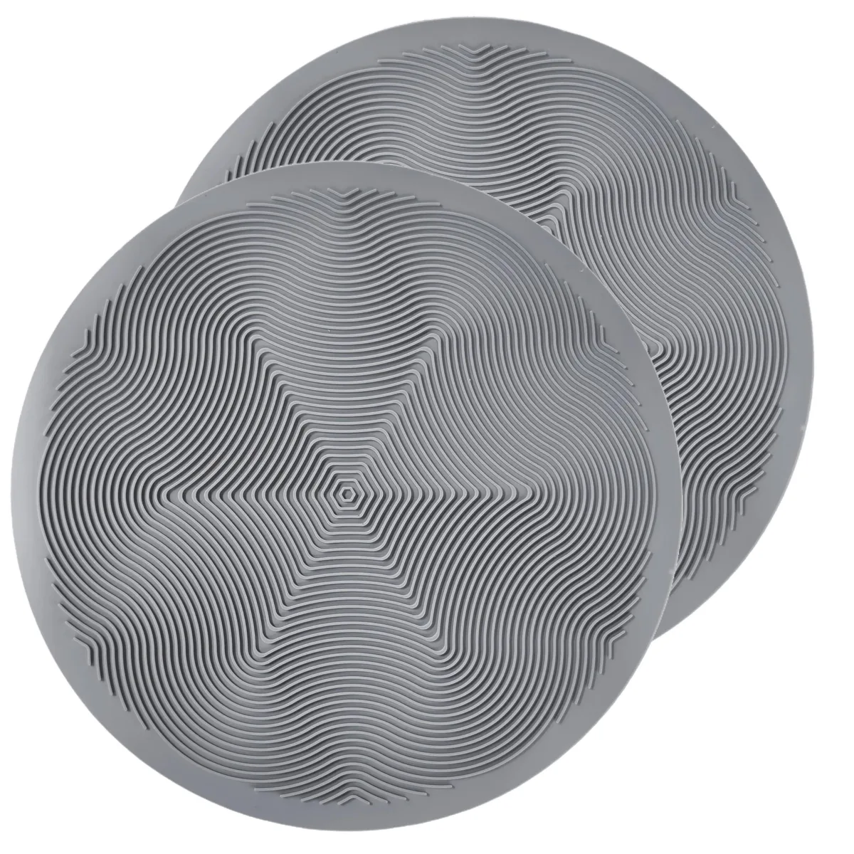 Two grey silicone mats with raised geometric pattern, 12 inches each